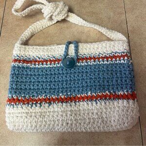 New Handcrafted Crochet Ivory/Blue & Rust Crossbody Shoulder Tote Bag